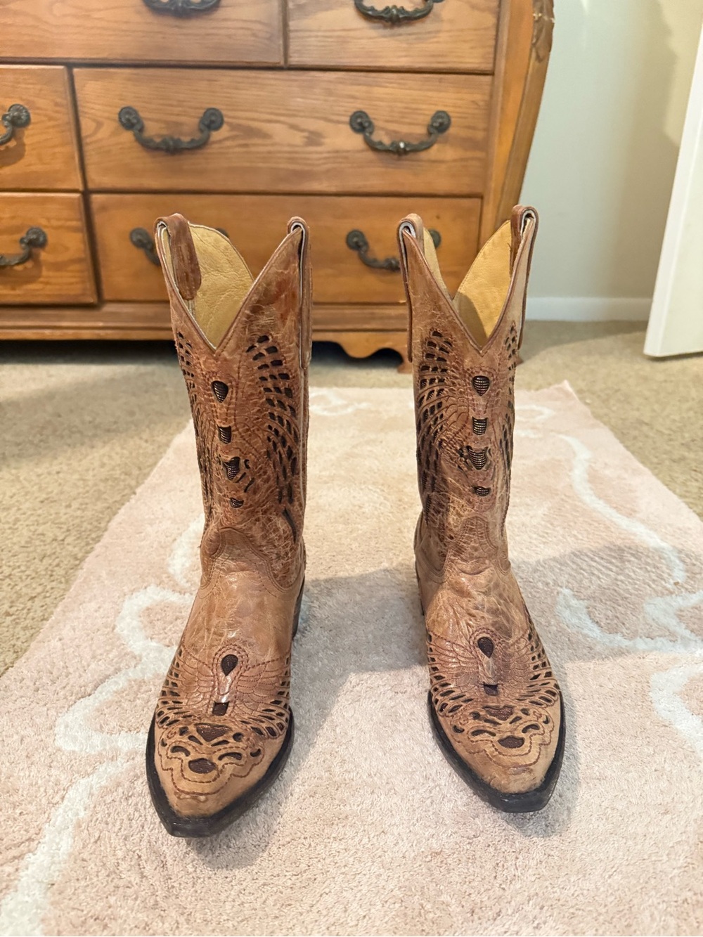 Women’s Brown Embroidered Leather Heeled Boots.  gold glitter detail